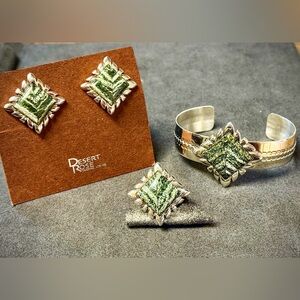 Jay King Sterling Silver Green Serpentine or Moldavite Cuff Ring & Earrings Set